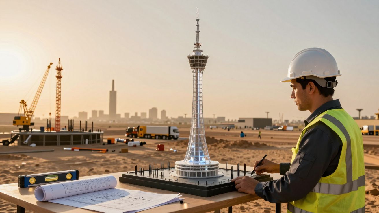 Ingeniero evalúa maqueta de torre en un sitio de construcción desértico al atardecer, con grúas y vehículos al fondo.