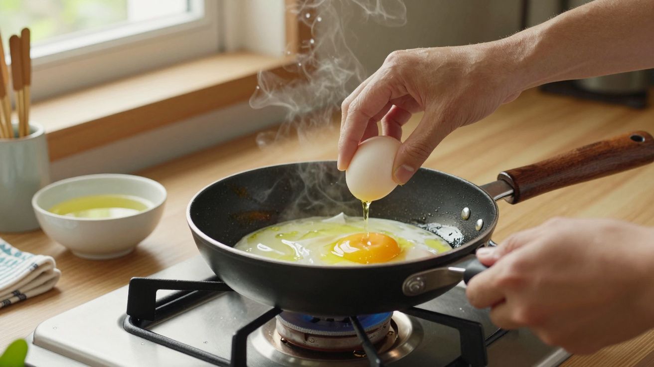 Mano rompiendo huevo en sartén caliente sobre fuego en cocina luminosa.