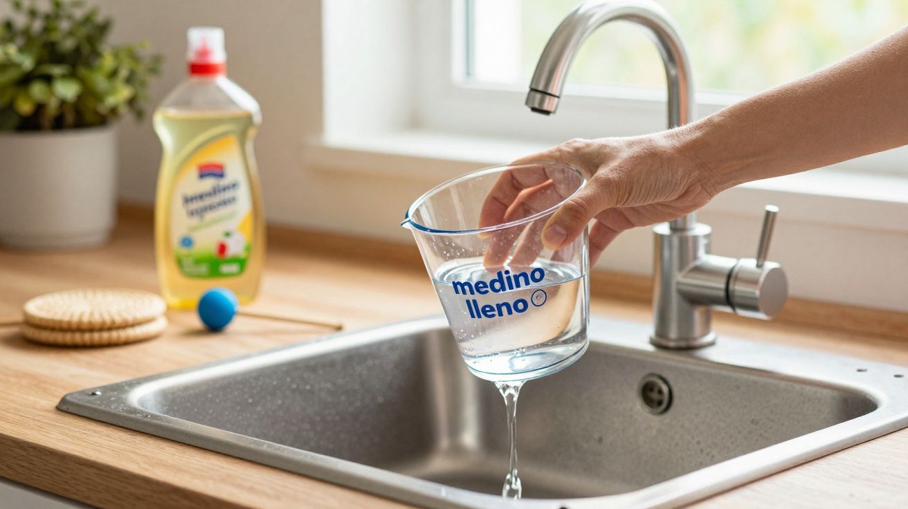 Mano vertiendo agua de un vaso medidor en el fregadero de una cocina, con jabón para platos al fondo.