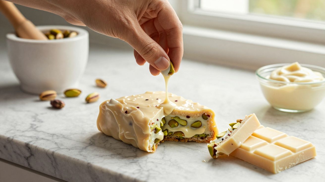 Mano cogiendo pistacho de pastel de queso con pistachos y glaseado, sobre encimera de mármol, con taza al fondo.