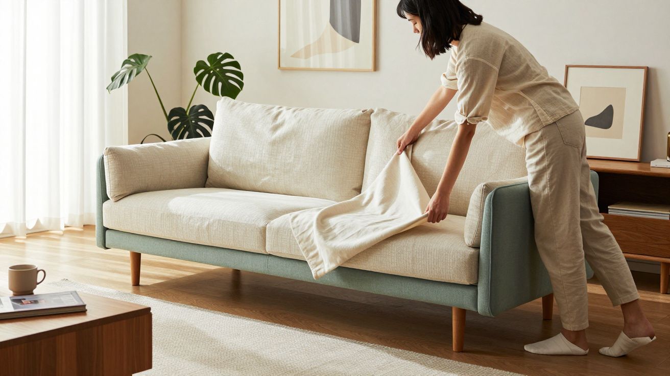 Mujer ajustando una manta sobre un sofá beige en una sala de estar luminosa y moderna con plantas y cuadros decorativos.