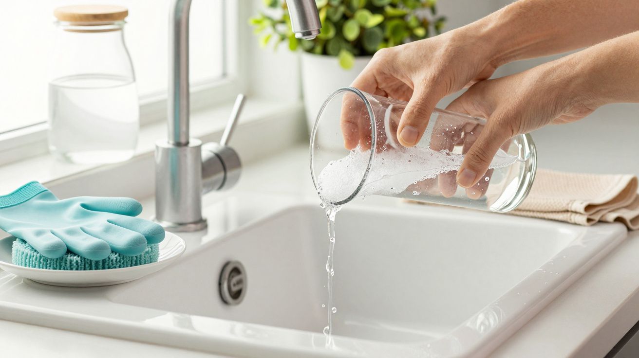 Manos enjuagando un vaso con jabón bajo el grifo en un fregadero, guantes y estropajo al lado.