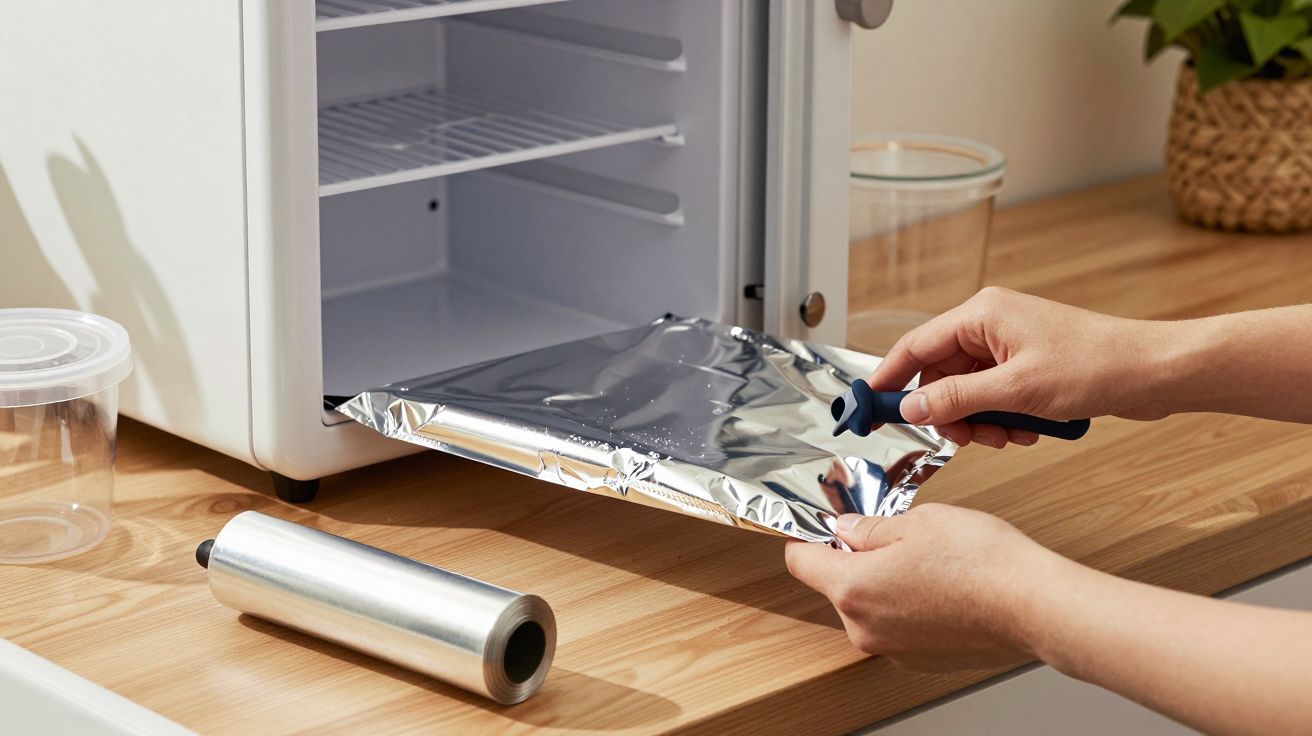 Manos colocando papel de aluminio en una bandeja frente a una nevera pequeña sobre una encimera de madera.