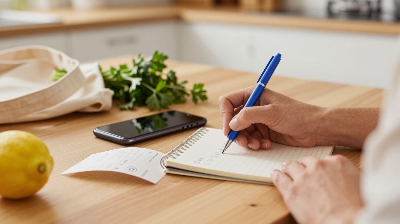 Mano escribiendo en un bloc de notas en una cocina, con un móvil, limón y perejil sobre la mesa de madera.