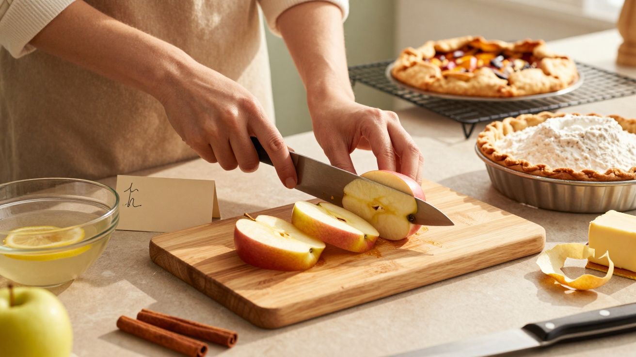 Manos cortando manzanas en una tabla de madera, con ingredientes y tartas en la mesa.