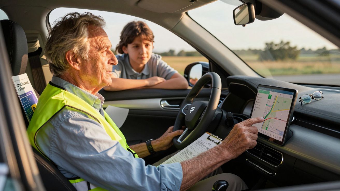 Hombre mayor en coche con chaleco amarillo mira el GPS, joven observa por la ventana.