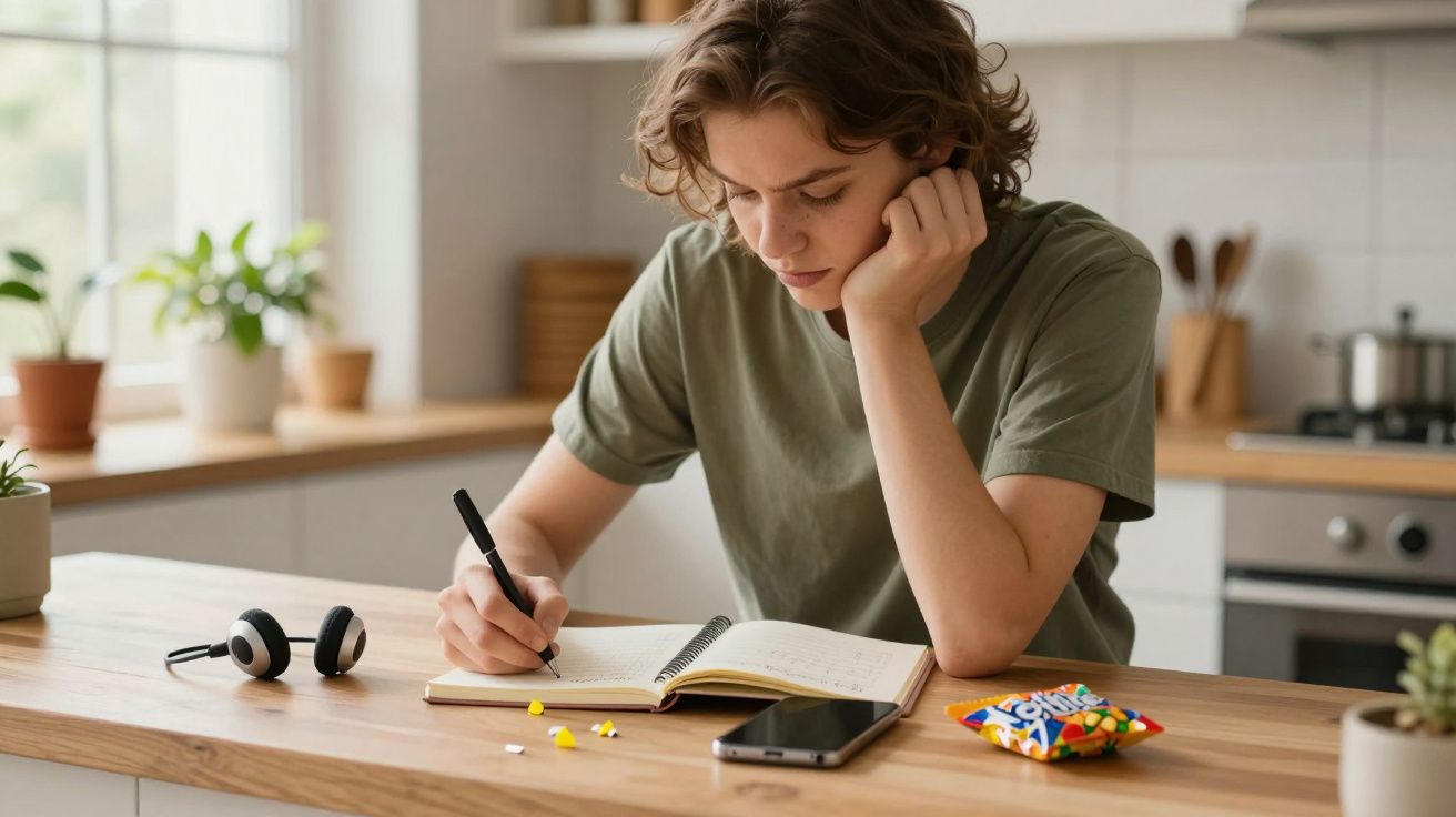 Persona joven escribiendo en un cuaderno en la cocina, con auriculares y teléfono sobre la mesa.
