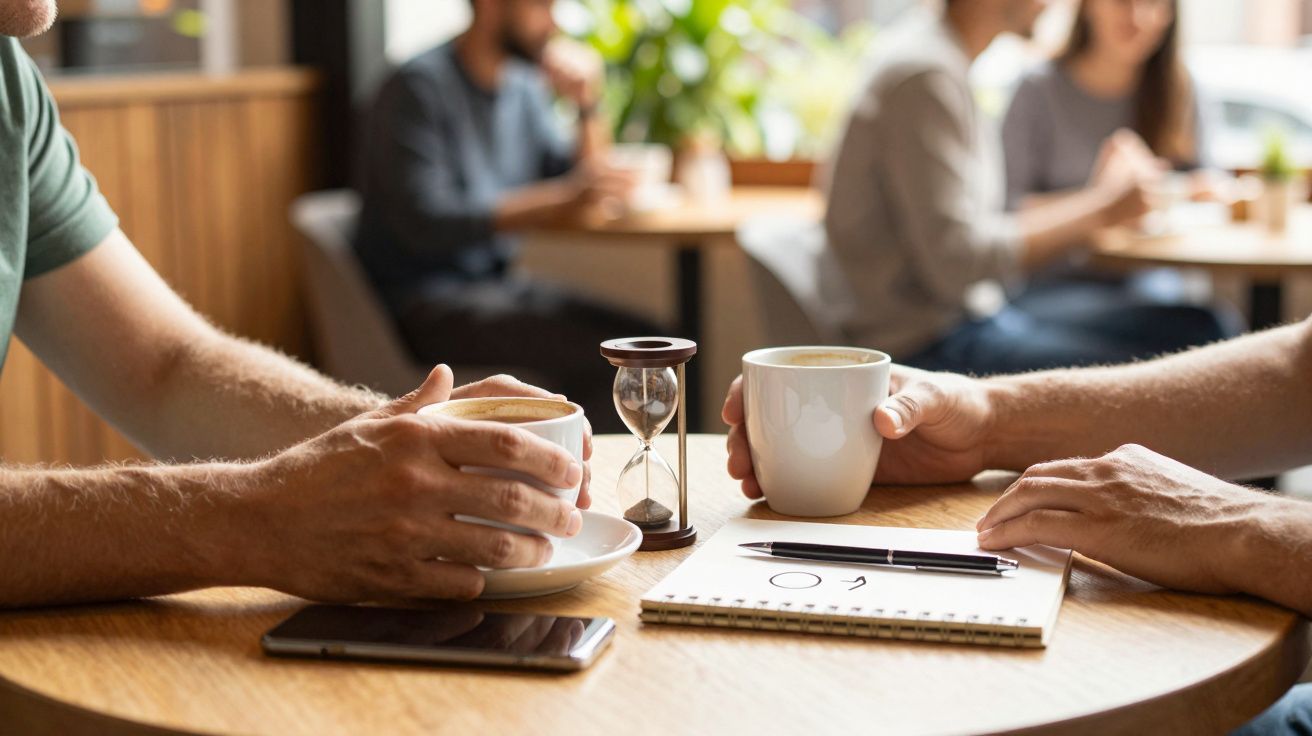 Dos personas toman café en una mesa de madera con reloj de arena, libreta y móvil. Fondo difuminado de una cafetería.