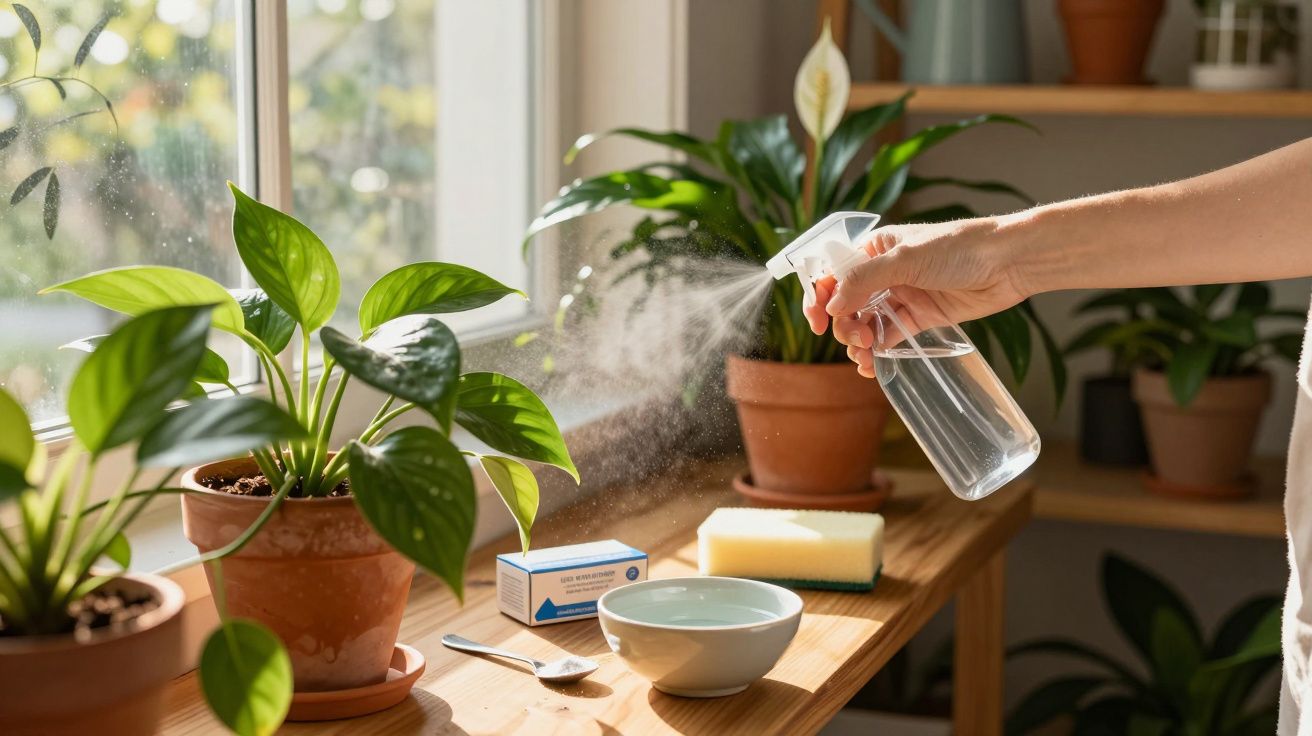 Mano rociando plantas con agua cerca de una ventana, con macetas y utensilios sobre una mesa de madera.