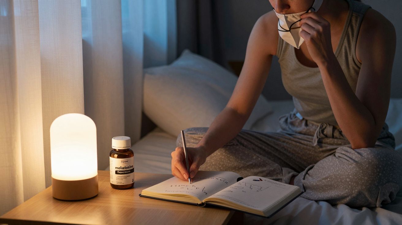 Persona sentada en la cama escribiendo en un diario, con una lámpara y un bote de melatonina en la mesilla de noche.