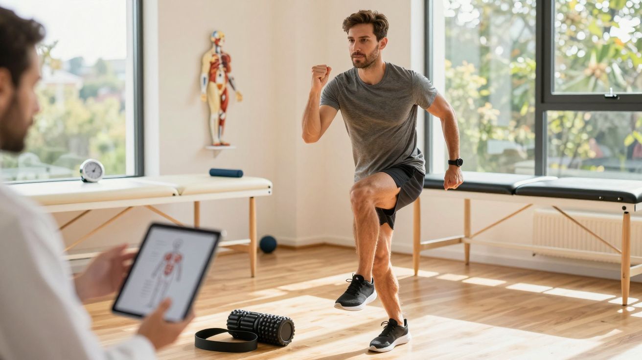 Hombre ejercitándose en una clínica de fisioterapia, mientras un profesional lo observa con una tableta en la mano.