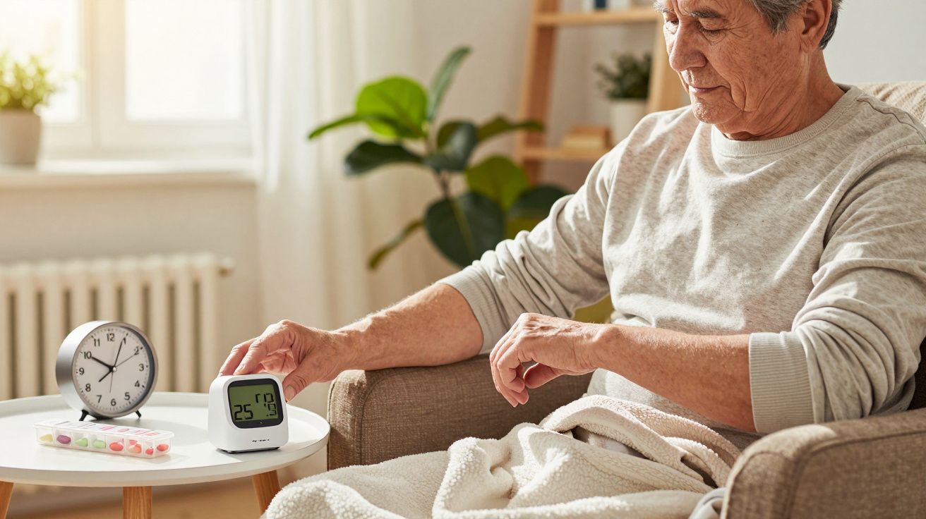 Hombre sentado revisando dispositivo electrónico, reloj y pastillero sobre mesa en salón iluminado.