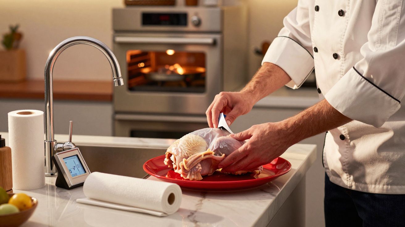Chef cortando un pollo crudo en un plato rojo en la cocina, con un horno al fondo y papel de cocina en la encimera.