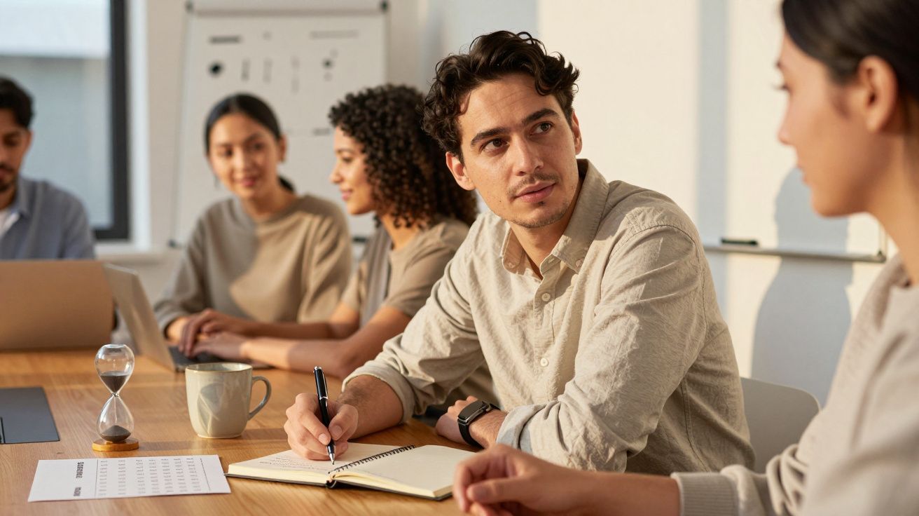 Cinco personas en una reunión de oficina, conversando en una mesa con portátil, libreta y reloj de arena.