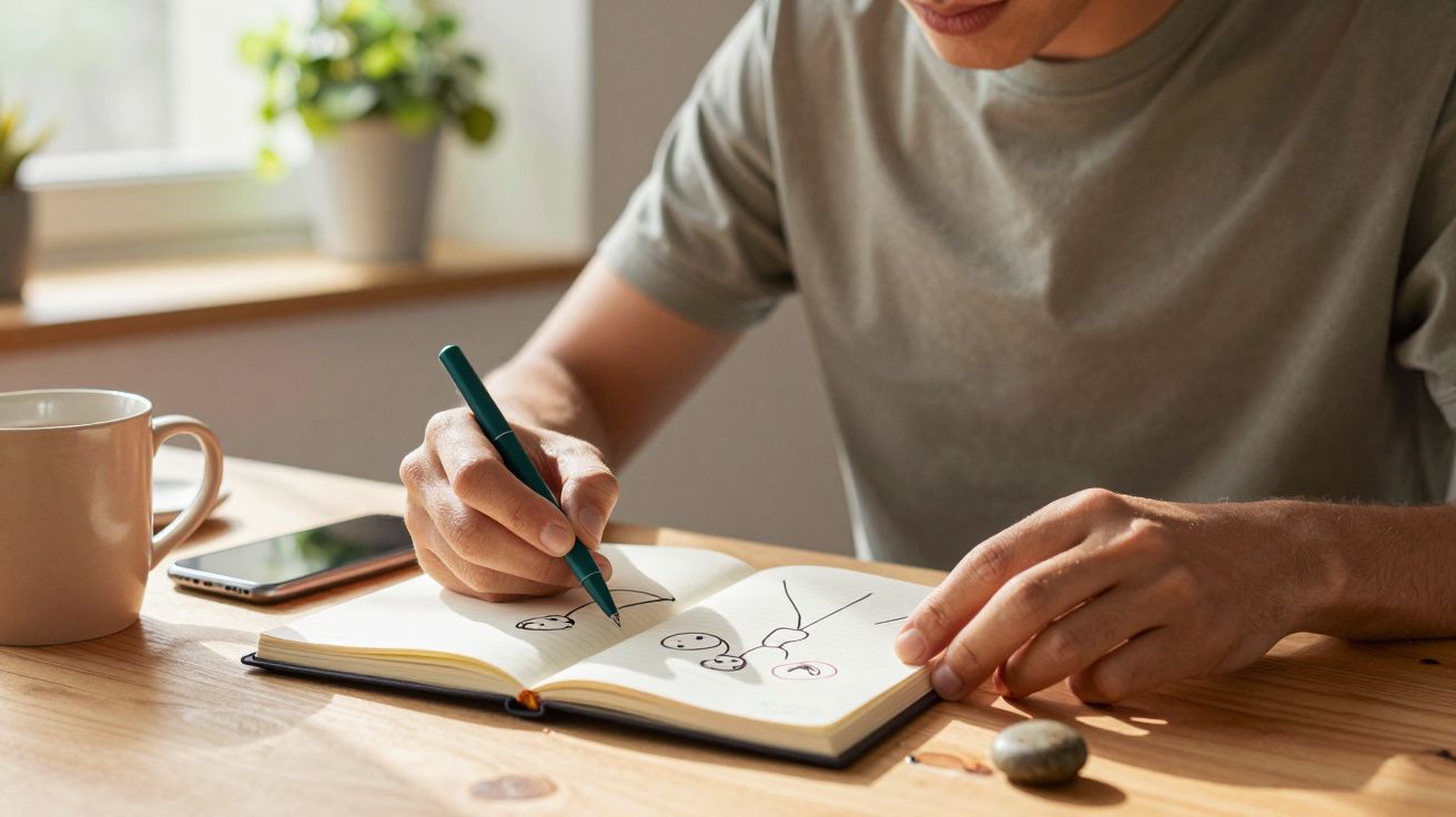 Persona dibuja caras sonrientes en un cuaderno sobre una mesa de madera, con taza, móvil y plantas de fondo.