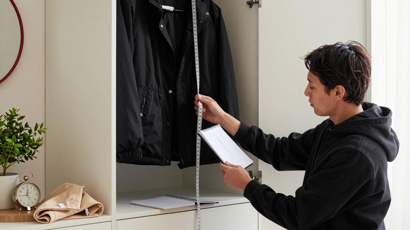 Hombre mide un armario con un metro. Dentro hay una chaqueta negra. Cerca hay un reloj, libros y una planta.