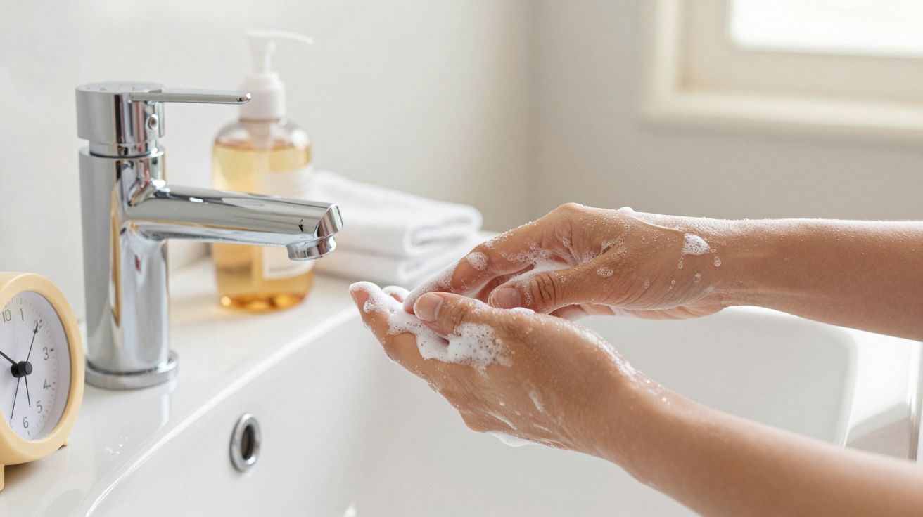 Manos enjabonadas bajo un grifo en un lavabo, con un bote de jabón líquido y un reloj cerca.