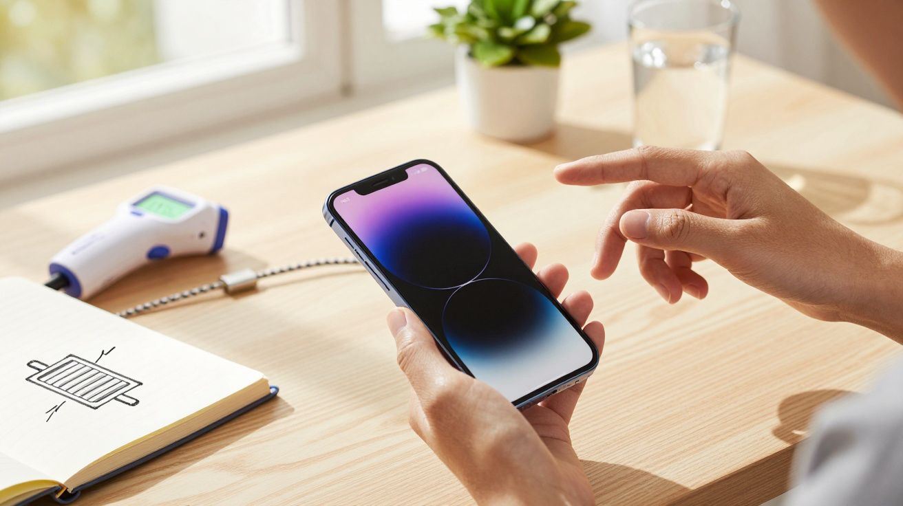 Persona sosteniendo un smartphone sobre una mesa de madera con cuaderno, medidor de temperatura y planta pequeña.