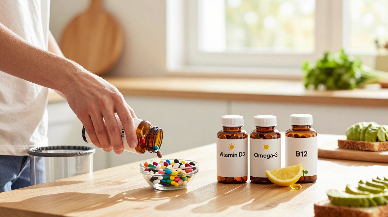 Persona vertiendo píldoras en un tazón, junto a botes de vitamina D3, Omega-3 y B12 en una cocina iluminada.