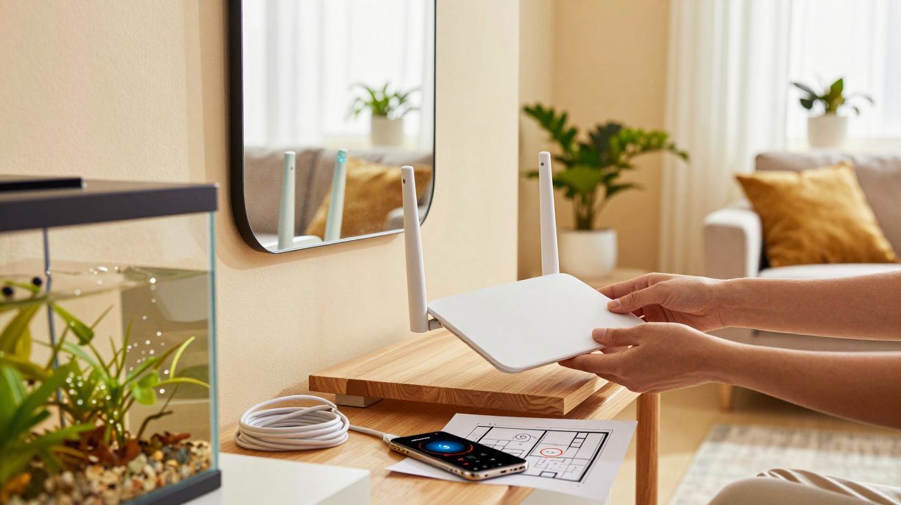 Manos instalando un router blanco sobre una mesa de madera en una sala de estar.