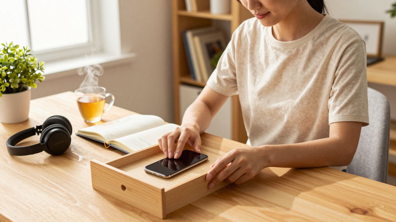 Mujer guardando un móvil en una caja de madera sobre una mesa, junto a auriculares, libro y taza de té humeante.