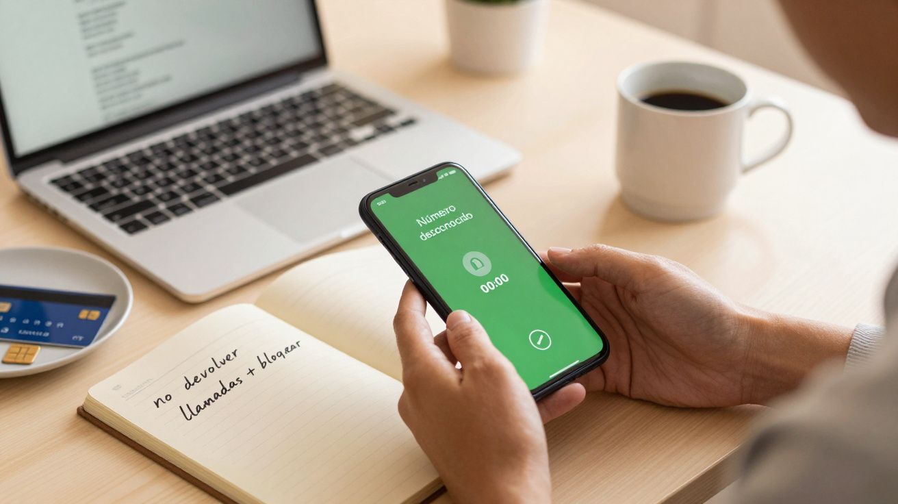 Persona sosteniendo un móvil con llamada de número desconocido, junto a portátil, libreta y taza de café sobre la mesa.