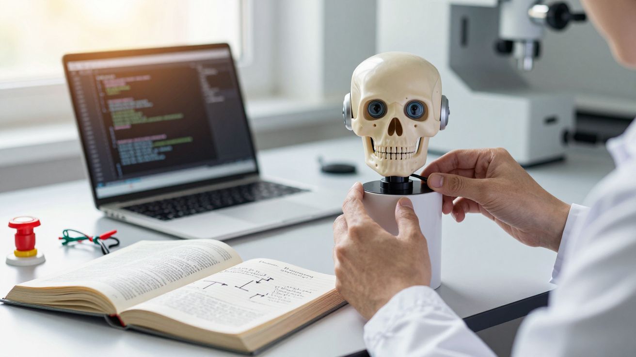 Persona ajustando modelo de cráneo robótico en laboratorio, con portátil y libro abierto en la mesa.
