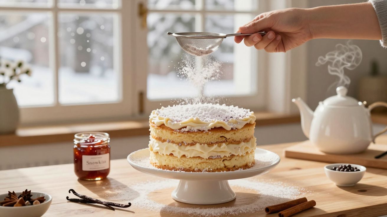 Mano espolvorea azúcar glas sobre tarta de capas en cocina con ventana nevada al fondo.