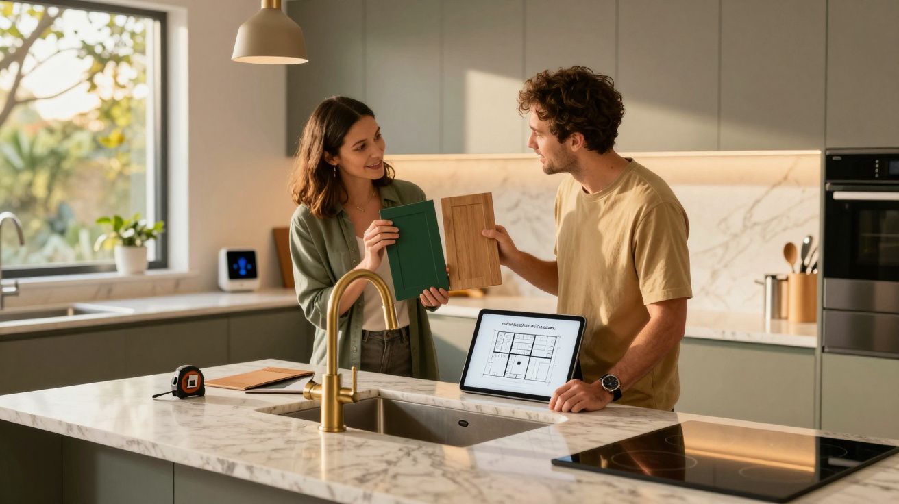 Pareja eligiendo muestras de materiales en una cocina moderna con encimera de mármol y tablet en la mesa.