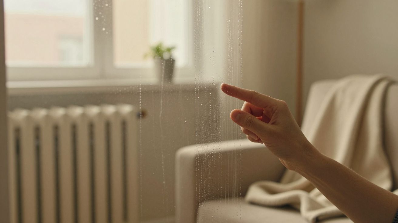 Mano tocando ventana con gotas de agua en un interior borroso, silla y radiador al fondo.