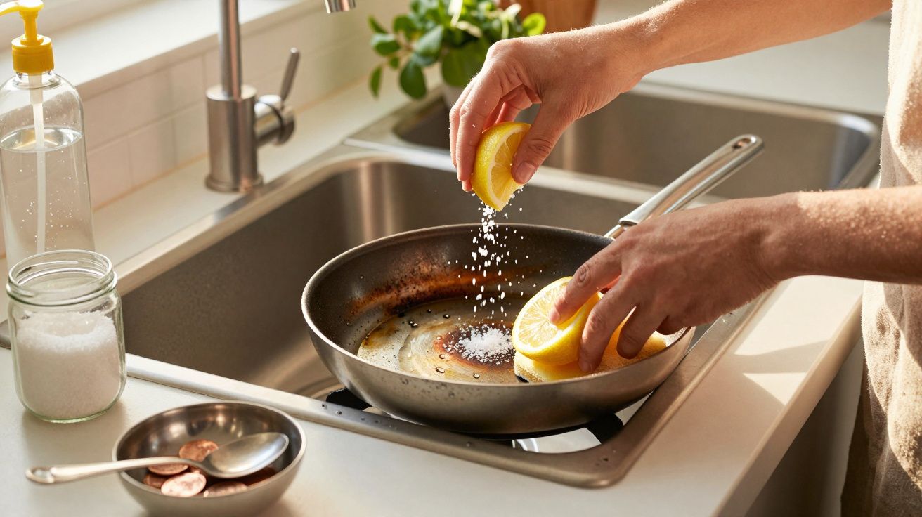 Manos limpiando una sartén con limón y sal en una cocina iluminada por el sol.
