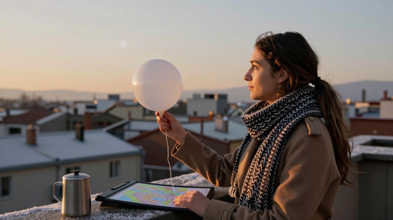 Mujer en azotea sostiene globo blanco, observa una tableta. Ciudad nevada al fondo, al atardecer.
