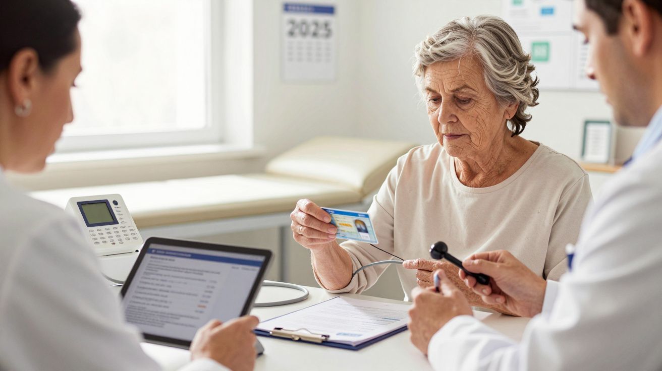 Mujer mayor en consulta médica, mostrando una tarjeta a dos doctores que revisan información en una tableta.