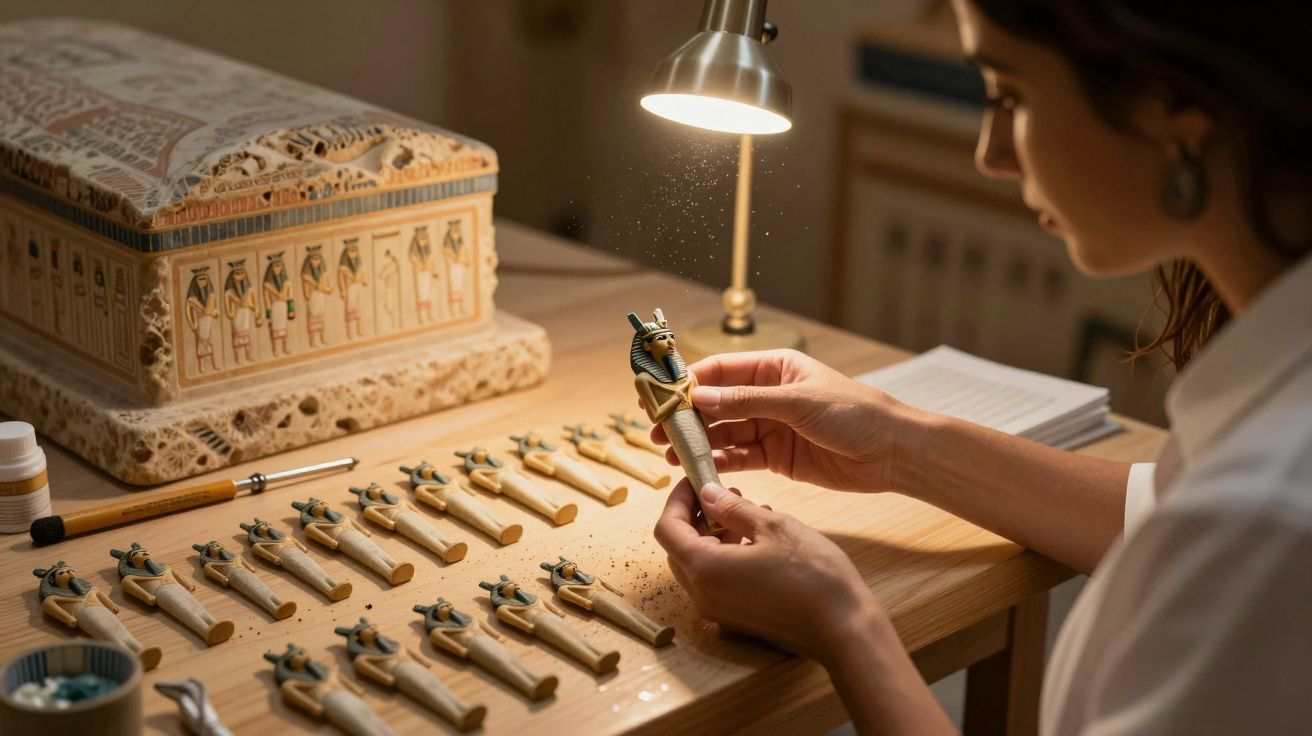 Mujer trabajando en una figura de Anubis en un banco, con otras figuras similares alineadas y una caja decorada al fondo.