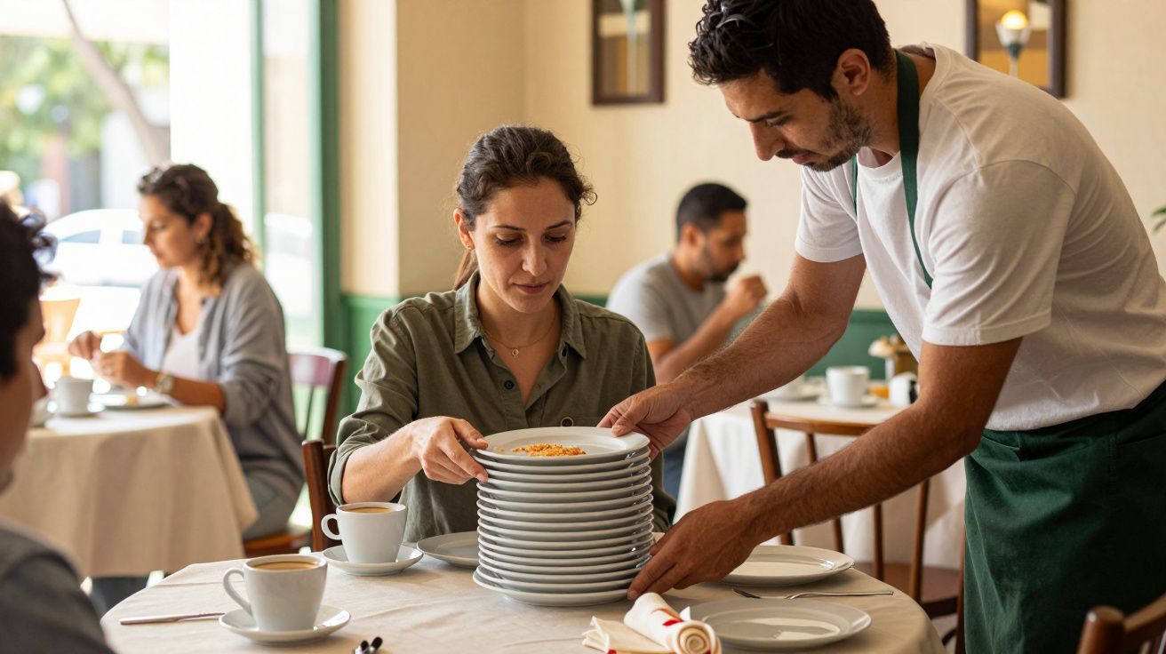 Camarero sirviendo platos a una mujer en un restaurante con otros clientes al fondo.