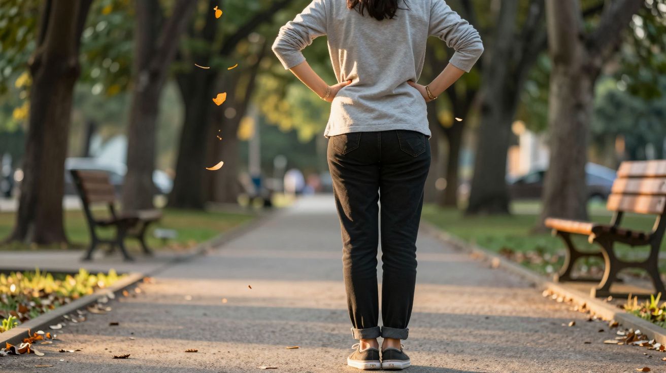 Mujer de pie en un parque, de espaldas, con las manos en la cintura, camino rodeado de bancos y árboles al fondo.