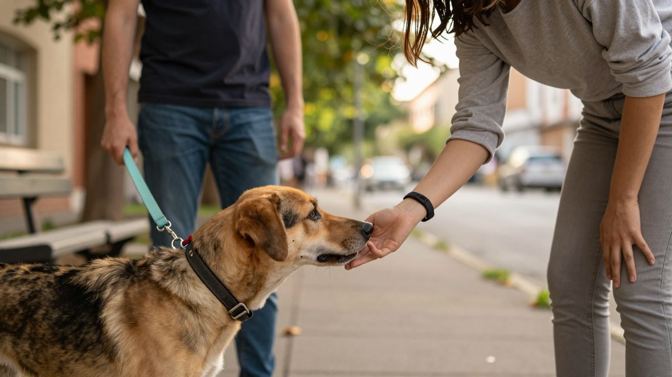 Persona acariciando a un perro con correa en la calle, mientras otra persona observa de pie junto a ellos.