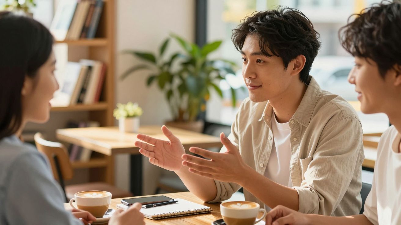 Tres personas conversan en una cafetería, dos hombres y una mujer, todos bebiendo café.