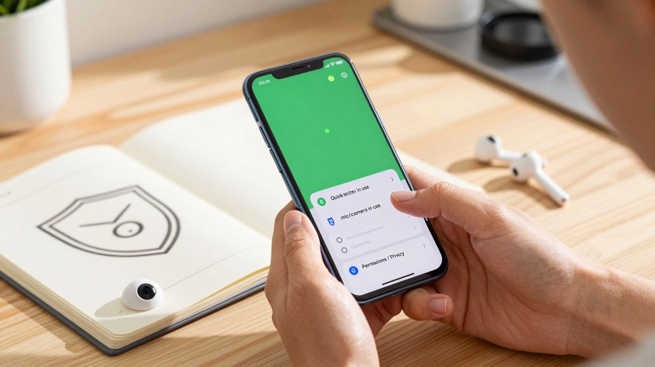 Persona usa un smartphone con app de control de dispositivos en un escritorio con libreta, bolígrafo y auriculares.