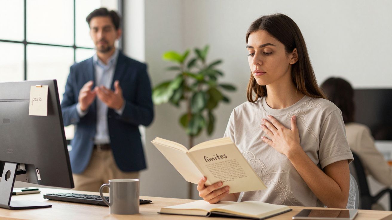 Mujer meditando con un libro en la mano en una oficina mientras un hombre al fondo parece estar dando una presentación.