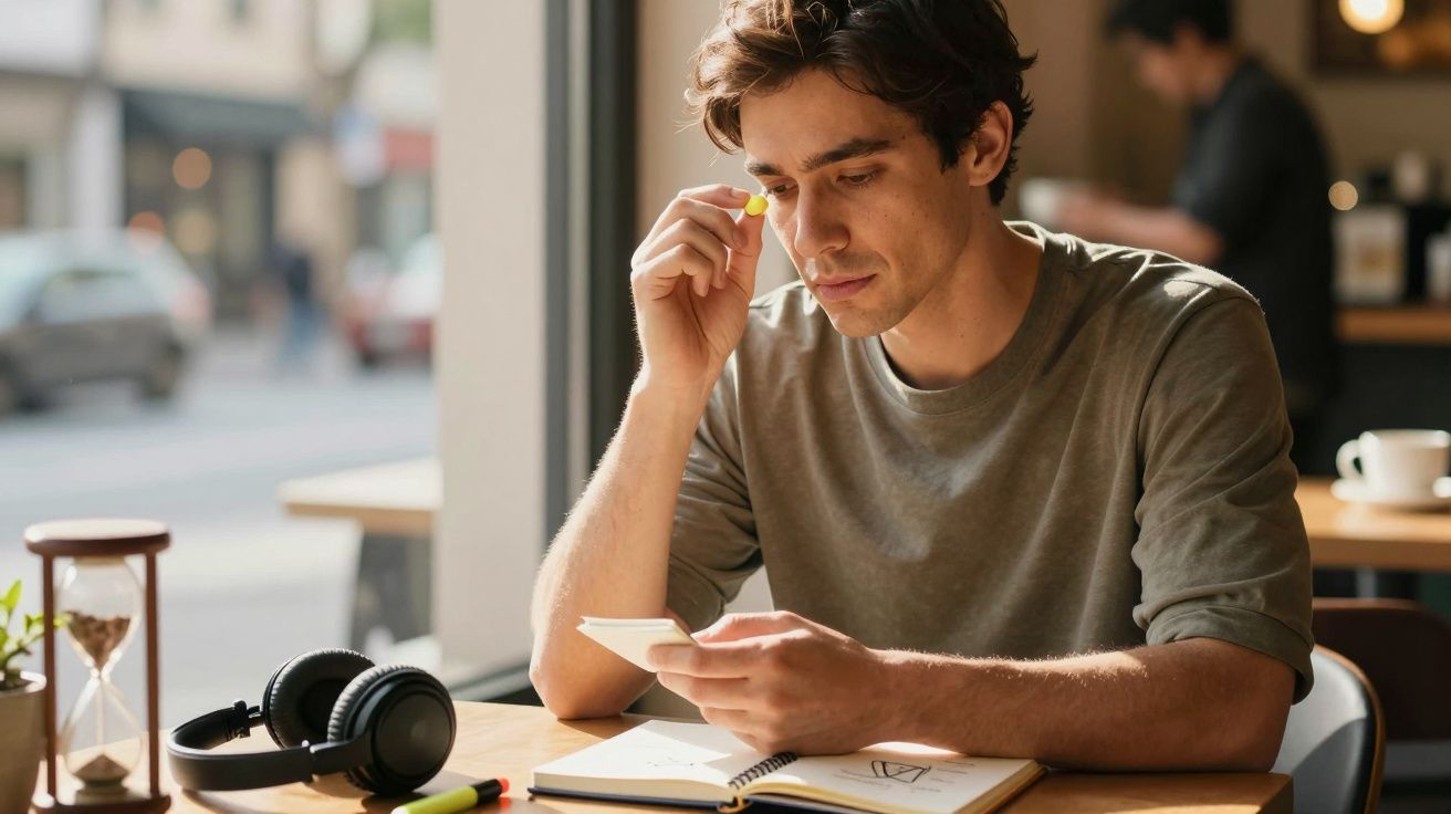 Hombre concentrado estudia en un café, con audífonos, libreta y bolígrafos sobre la mesa, junto a una ventana.