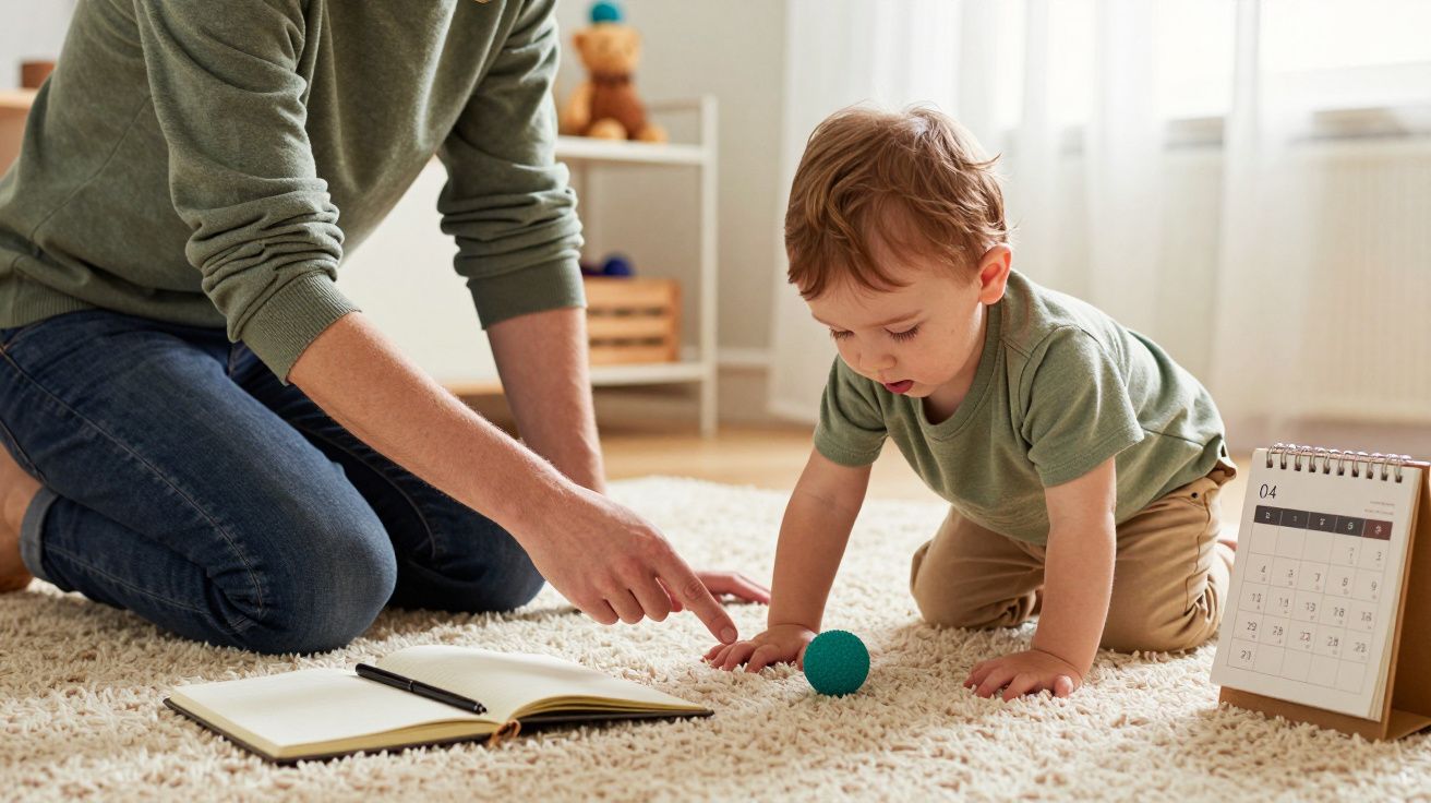 Adulto y niño jugando con una pelota en la alfombra. Un cuaderno y un calendario están cerca.