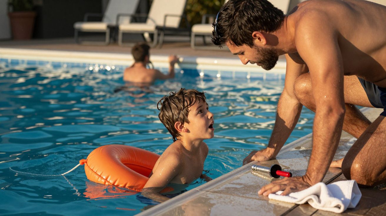 Hombre hablando con niño en piscina al atardecer, niño lleva flotador naranja, otra persona nada al fondo.