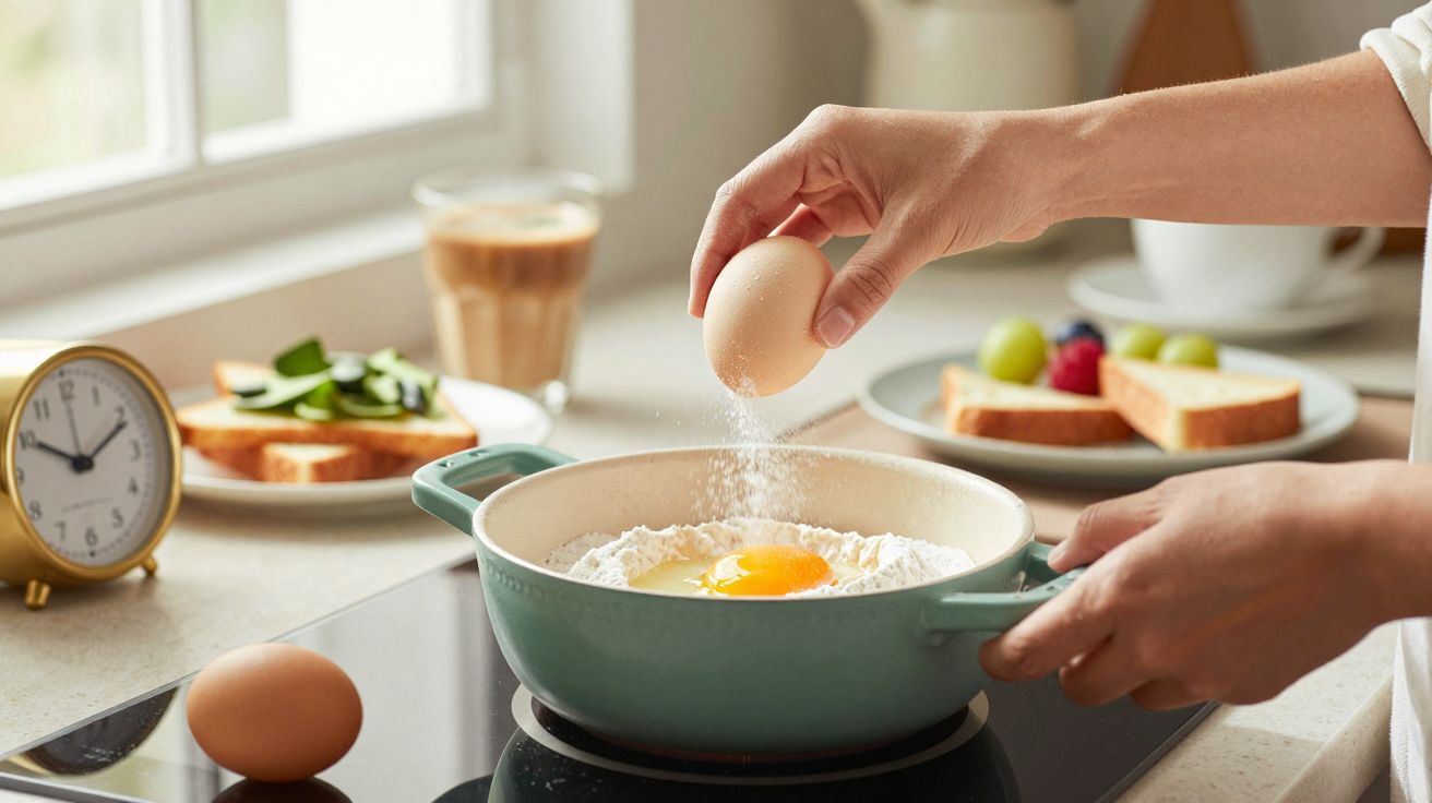 Manos rompiendo un huevo sobre harina en un cazo en la cocina, junto a un reloj y un desayuno con tostadas y café.