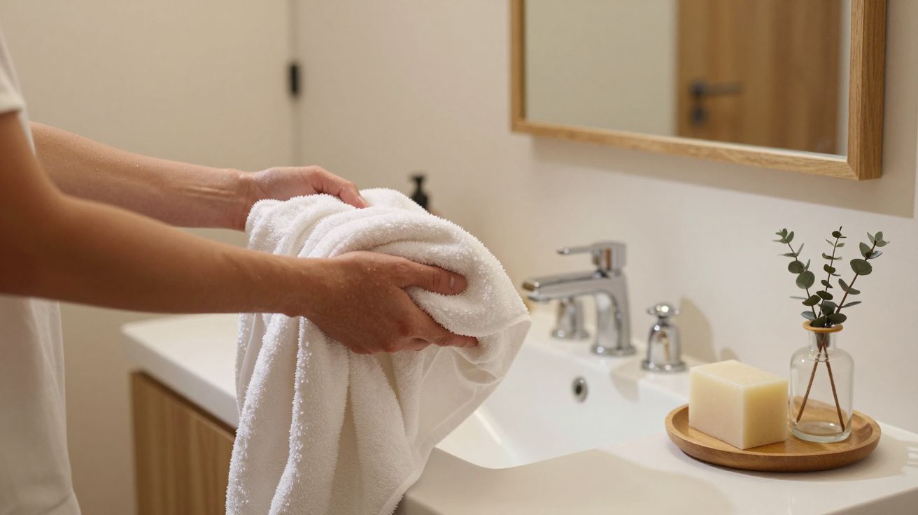 Manos sosteniendo toalla blanca frente a lavabo con grifo cromado, espejo y decoración de planta y jabón en bandeja.