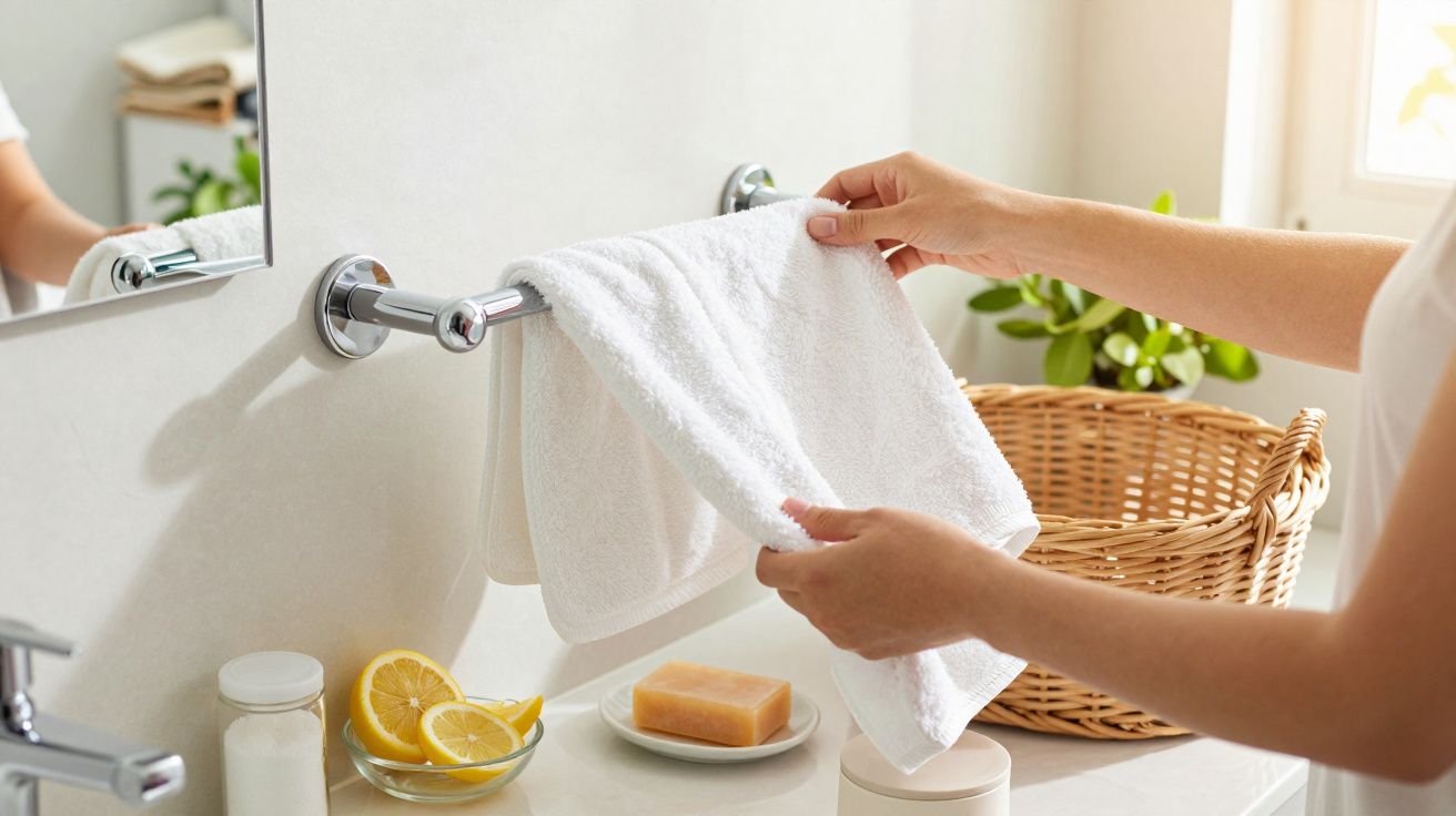 Persona colocando una toalla blanca en el baño, junto a un cesto, limones y una pastilla de jabón.