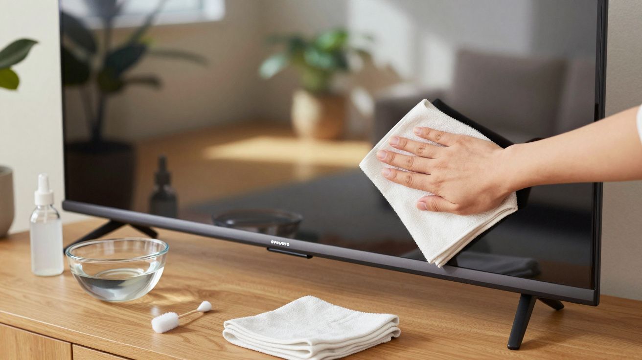 Mano limpiando una pantalla de televisor con paño blanco sobre un mueble de madera, junto a un cuenco y líquido.