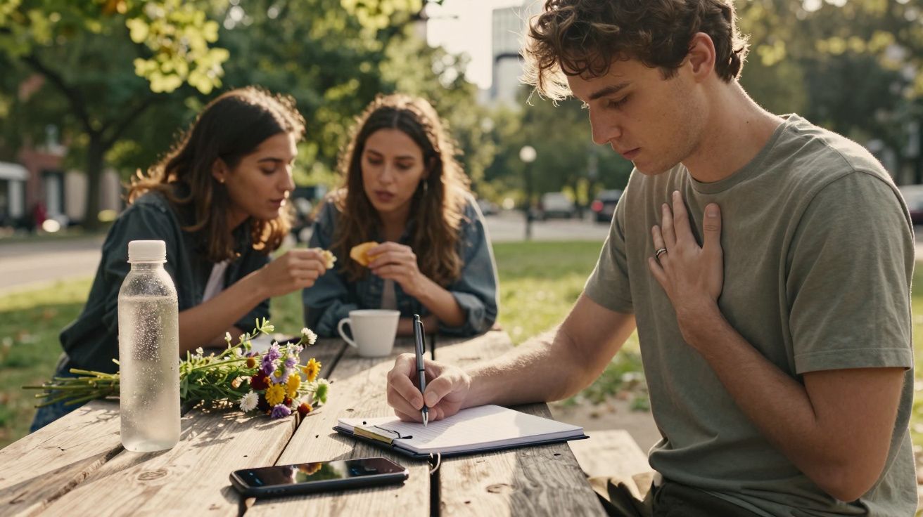 Joven escribiendo en un cuaderno, mientras dos personas conversan en un parque con flores y una botella en la mesa.