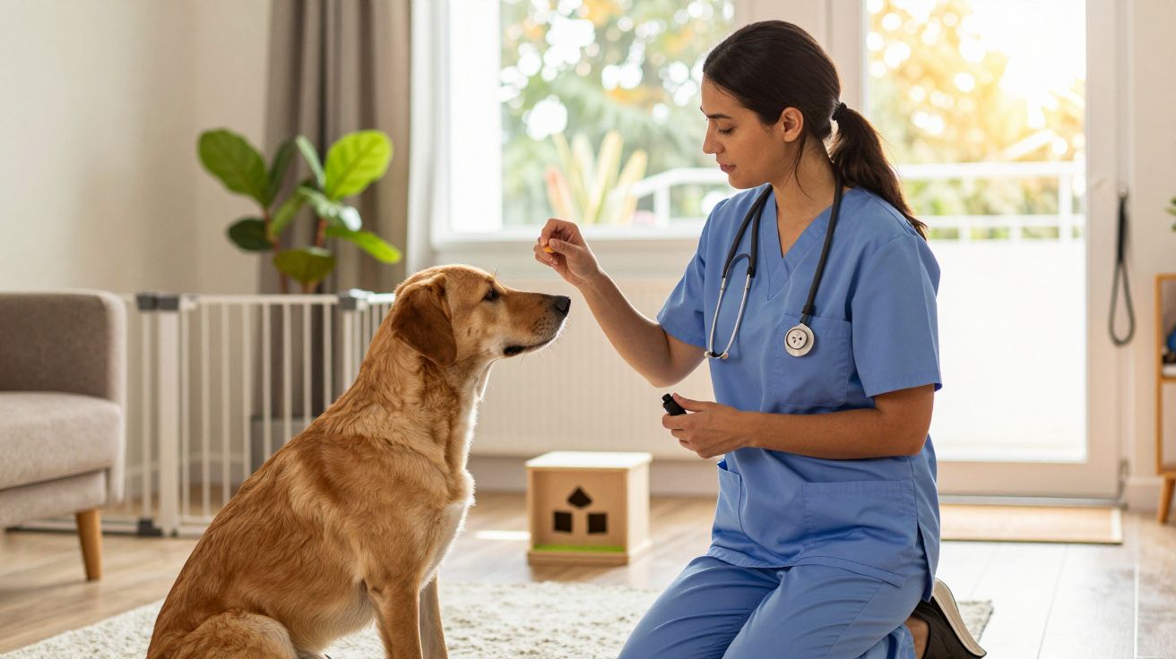 Veterinaria en uniforme azul cuida de un perro dorado en una sala, sosteniendo un bocadillo y un estetoscopio.