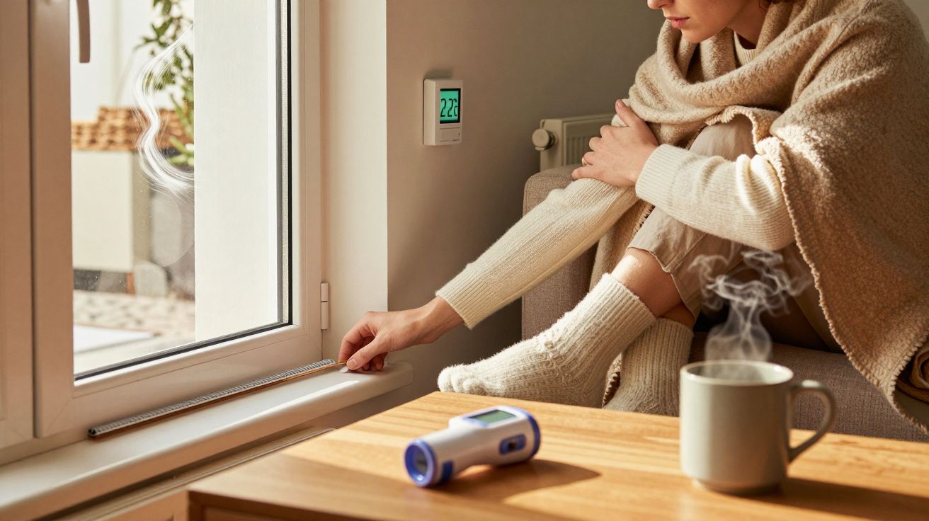 Persona ajusta ventana, termómetro digital en la mesa y taza humeante cerca, temperatura en el termostato: 22°C.